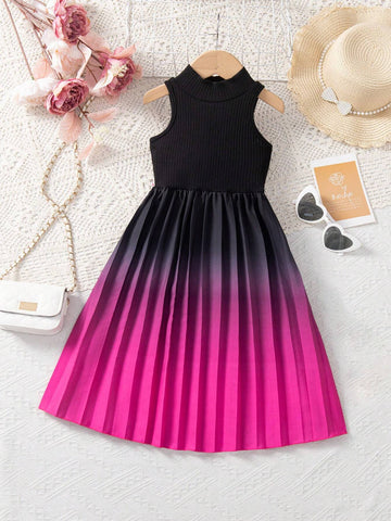 Young Girl's Gradient Colored Stand Collar Sleeveless Dress With Pleated Hem