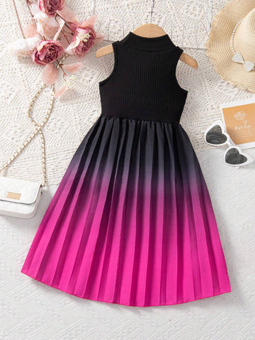 Young Girl's Gradient Colored Stand Collar Sleeveless Dress With Pleated Hem