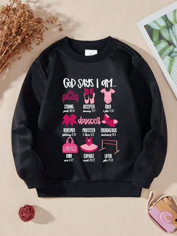 Young Girls Graphic Slogan Print Crew Neck Sweatshirt, Warm