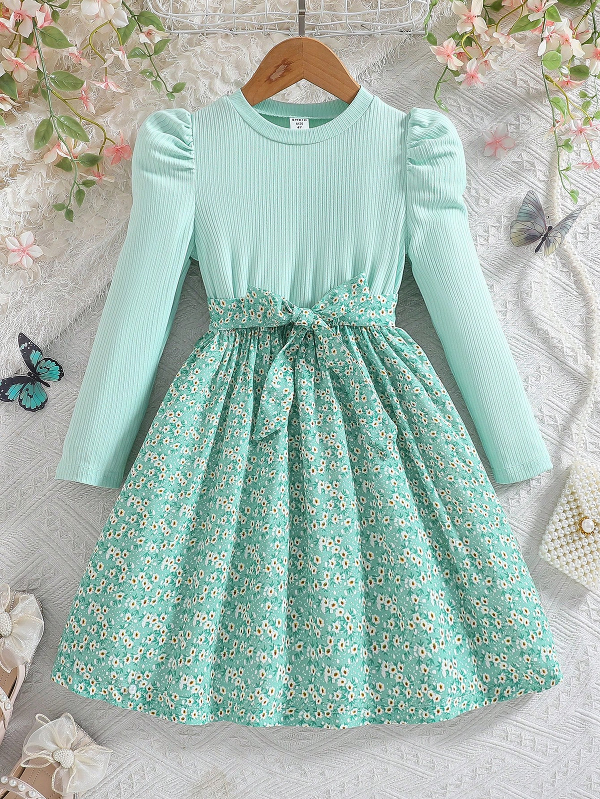 Young Girls Green Elegant Round Neck Puff Sleeve Bowknot A-Line Drawstring Waist Dress, Party & Holiday Wear, Spring/Fall