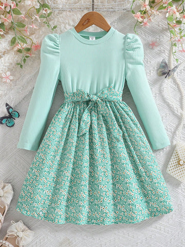 Young Girls Green Elegant Round Neck Puff Sleeve Bowknot A-Line Drawstring Waist Dress, Party & Holiday Wear, Spring/Fall
