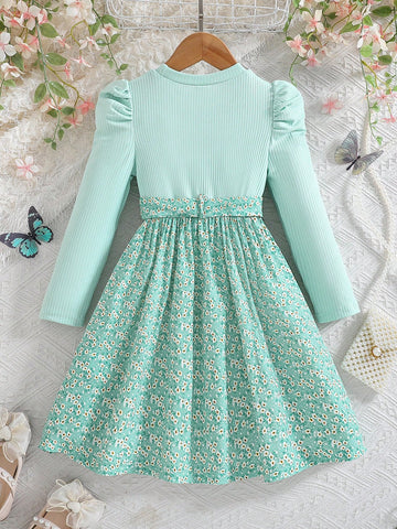 Young Girls Green Elegant Round Neck Puff Sleeve Bowknot A-Line Drawstring Waist Dress, Party & Holiday Wear, Spring/Fall