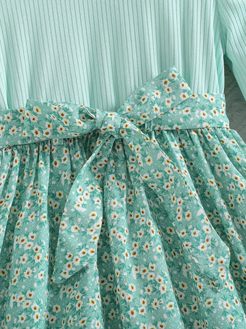 Young Girls Green Elegant Round Neck Puff Sleeve Bowknot A-Line Drawstring Waist Dress, Party & Holiday Wear, Spring/Fall