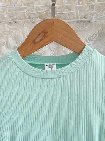 Young Girls Green Elegant Round Neck Puff Sleeve Bowknot A-Line Drawstring Waist Dress, Party & Holiday Wear, Spring/Fall
