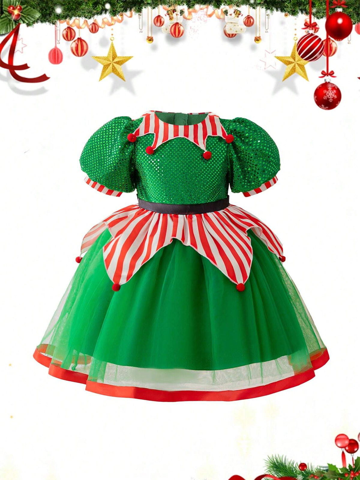 Young Girls Green Sequined Puff Sleeve Mesh Princess Party Dress, Suitable For Costume Play