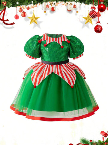 Young Girls Green Sequined Puff Sleeve Mesh Princess Party Dress, Suitable For Costume Play