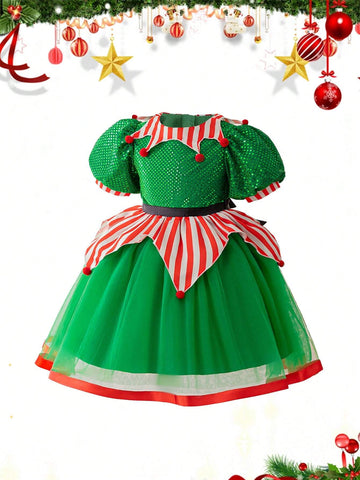 Young Girls Green Sequined Puff Sleeve Mesh Princess Party Dress, Suitable For Costume Play