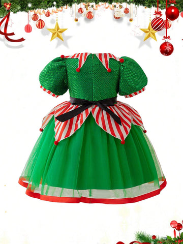 Young Girls Green Sequined Puff Sleeve Mesh Princess Party Dress, Suitable For Costume Play