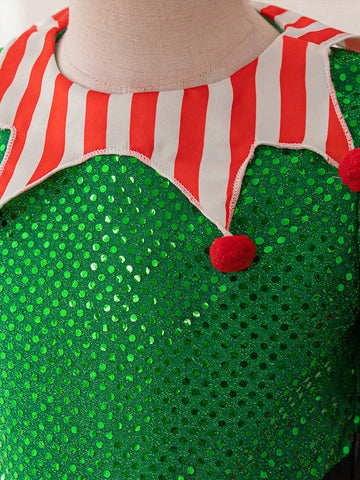 Young Girls Green Sequined Puff Sleeve Mesh Princess Party Dress, Suitable For Costume Play