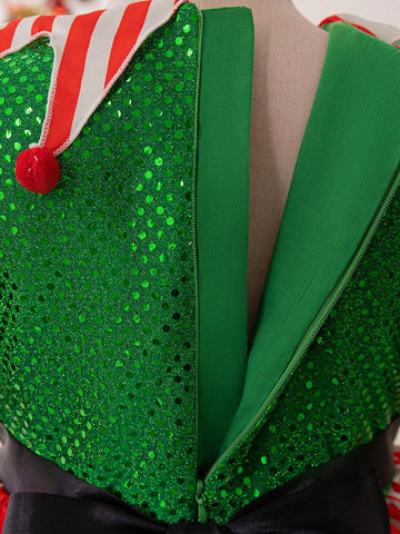 Young Girls Green Sequined Puff Sleeve Mesh Princess Party Dress, Suitable For Costume Play
