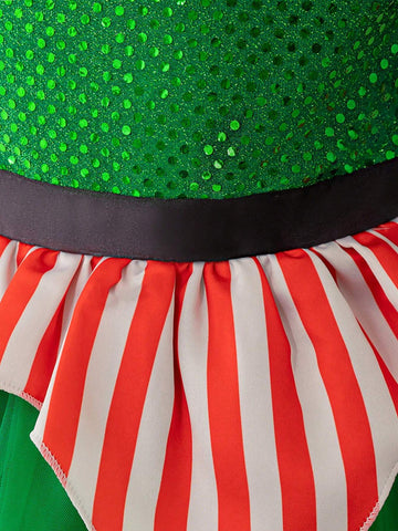 Young Girls Green Sequined Puff Sleeve Mesh Princess Party Dress, Suitable For Costume Play