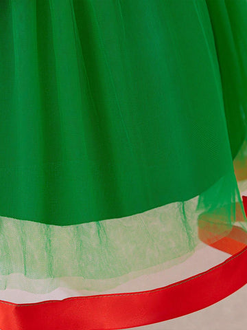 Young Girls Green Sequined Puff Sleeve Mesh Princess Party Dress, Suitable For Costume Play