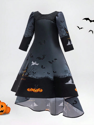 Young Girls Halloween Bat Ghost Haunted House Pumpkin Printed Satin Costume Party Princess Dress