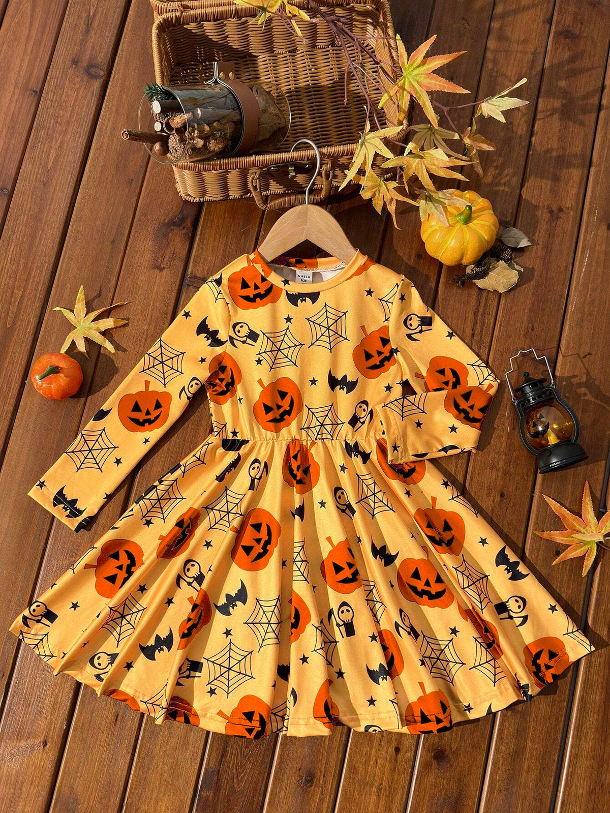 Young Girls Halloween Themed Printed Long Sleeve Dress