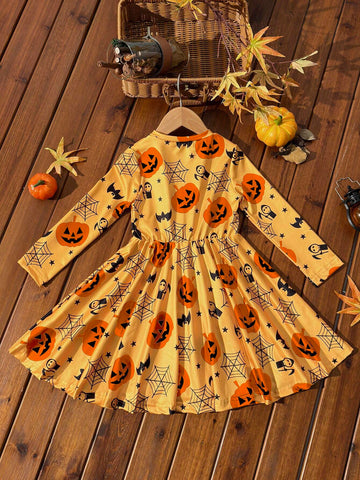 Young Girls Halloween Themed Printed Long Sleeve Dress
