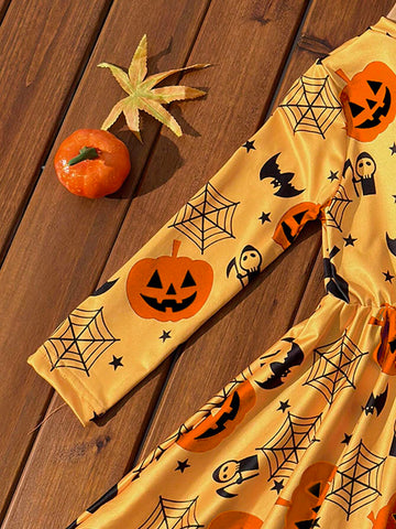 Young Girls Halloween Themed Printed Long Sleeve Dress