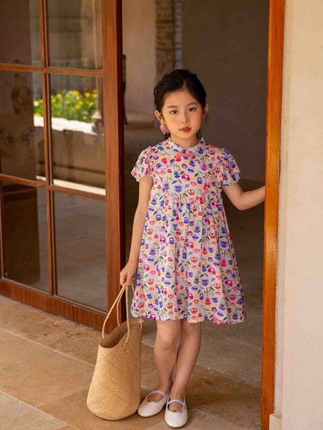 Young Girls' Handmade Beaded Short Sleeve Casual Dress With Floral Print, Spring/Summer