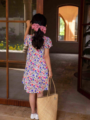 Young Girls' Handmade Beaded Short Sleeve Casual Dress With Floral Print, Spring/Summer