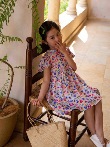 Young Girls' Handmade Beaded Short Sleeve Casual Dress With Floral Print, Spring/Summer