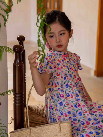 Young Girls' Handmade Beaded Short Sleeve Casual Dress With Floral Print, Spring/Summer