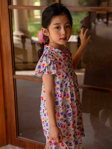 Young Girls' Handmade Beaded Short Sleeve Casual Dress With Floral Print, Spring/Summer