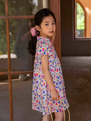 Young Girls' Handmade Beaded Short Sleeve Casual Dress With Floral Print, Spring/Summer