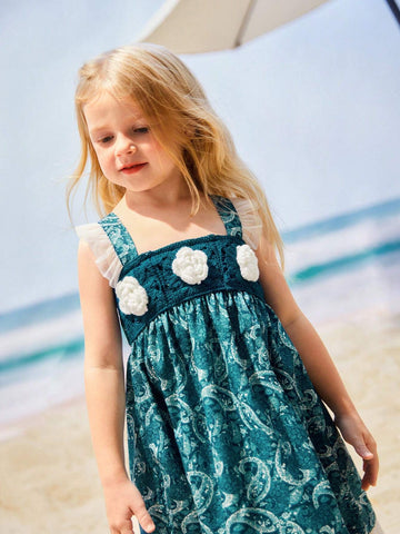 Young Girls' Handmade Crochet Lace Contrast Mesh Detail Beach Dress