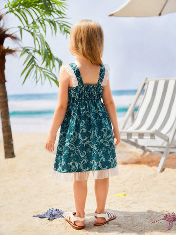 Young Girls' Handmade Crochet Lace Contrast Mesh Detail Beach Dress