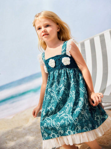 Young Girls' Handmade Crochet Lace Contrast Mesh Detail Beach Dress