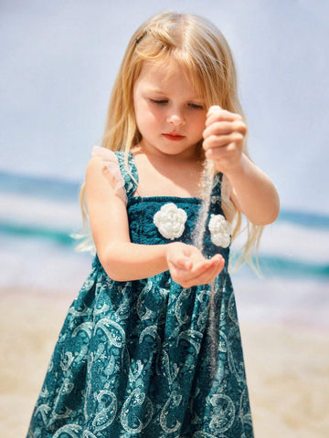 Young Girls' Handmade Crochet Lace Contrast Mesh Detail Beach Dress