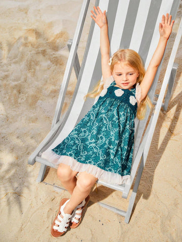 Young Girls' Handmade Crochet Lace Contrast Mesh Detail Beach Dress