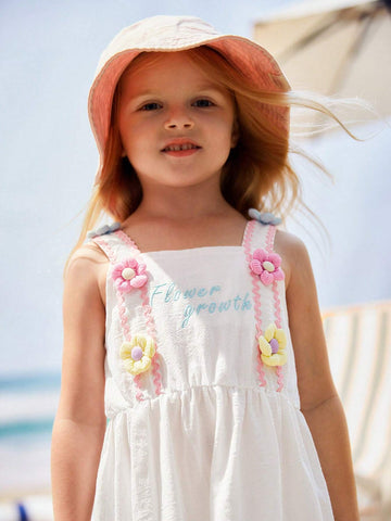 Young Girls' Handmade Flower Decorated Princess Dress With Embroidered Floral Alphabet Detail And Straps