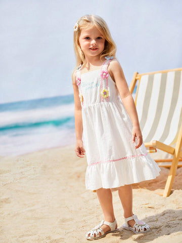 Young Girls' Handmade Flower Decorated Princess Dress With Embroidered Floral Alphabet Detail And Straps