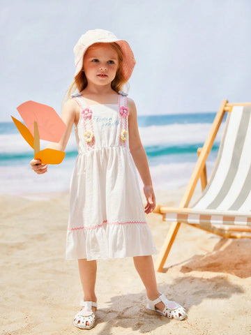 Young Girls' Handmade Flower Decorated Princess Dress With Embroidered Floral Alphabet Detail And Straps