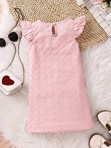 Young Girls' Heart Pattern Embossed Dress With Ruffle Trim And Decorative Bowknot, Casual