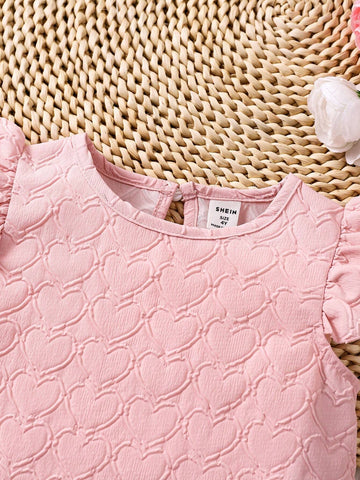 Young Girls' Heart Pattern Embossed Dress With Ruffle Trim And Decorative Bowknot, Casual