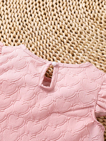 Young Girls' Heart Pattern Embossed Dress With Ruffle Trim And Decorative Bowknot, Casual