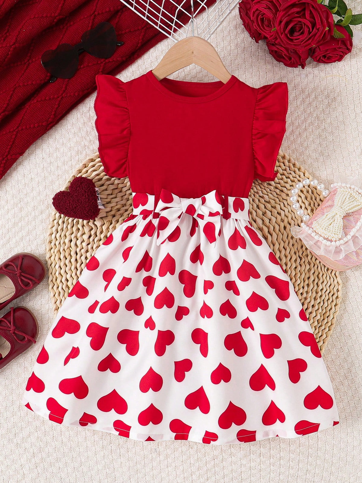 Young Girls Heart Print Ruffle Trim Patchwork Dress + Belt