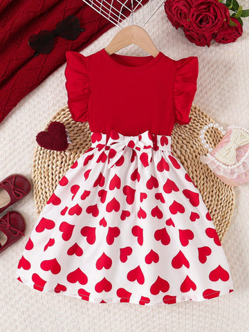 Young Girls Heart Print Ruffle Trim Patchwork Dress + Belt
