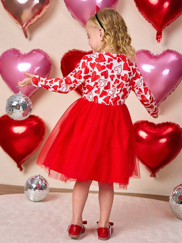 Young Girls Heart Print Splice Mesh Long Sleeve Dress, Suitable For Daily Wear, Holiday Party Gift, Autumn