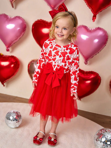 Young Girls Heart Print Splice Mesh Long Sleeve Dress, Suitable For Daily Wear, Holiday Party Gift, Autumn