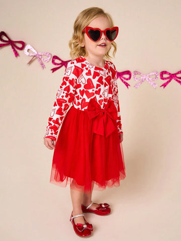 Young Girls Heart Print Splice Mesh Long Sleeve Dress, Suitable For Daily Wear, Holiday Party Gift, Autumn