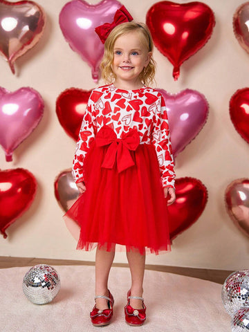 Young Girls Heart Print Splice Mesh Long Sleeve Dress, Suitable For Daily Wear, Holiday Party Gift, Autumn