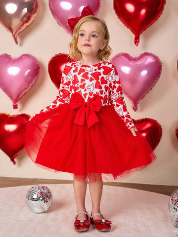 Young Girls Heart Print Splice Mesh Long Sleeve Dress, Suitable For Daily Wear, Holiday Party Gift, Autumn