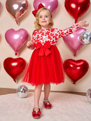 Young Girls Heart Print Splice Mesh Long Sleeve Dress, Suitable For Daily Wear, Holiday Party Gift, Autumn