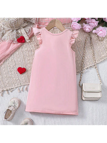 Young Girl's Heart Printed Knitted Bell Sleeve Dress With Shoulder Bag For Spring/Summer