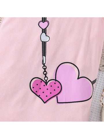 Young Girl's Heart Printed Knitted Bell Sleeve Dress With Shoulder Bag For Spring/Summer