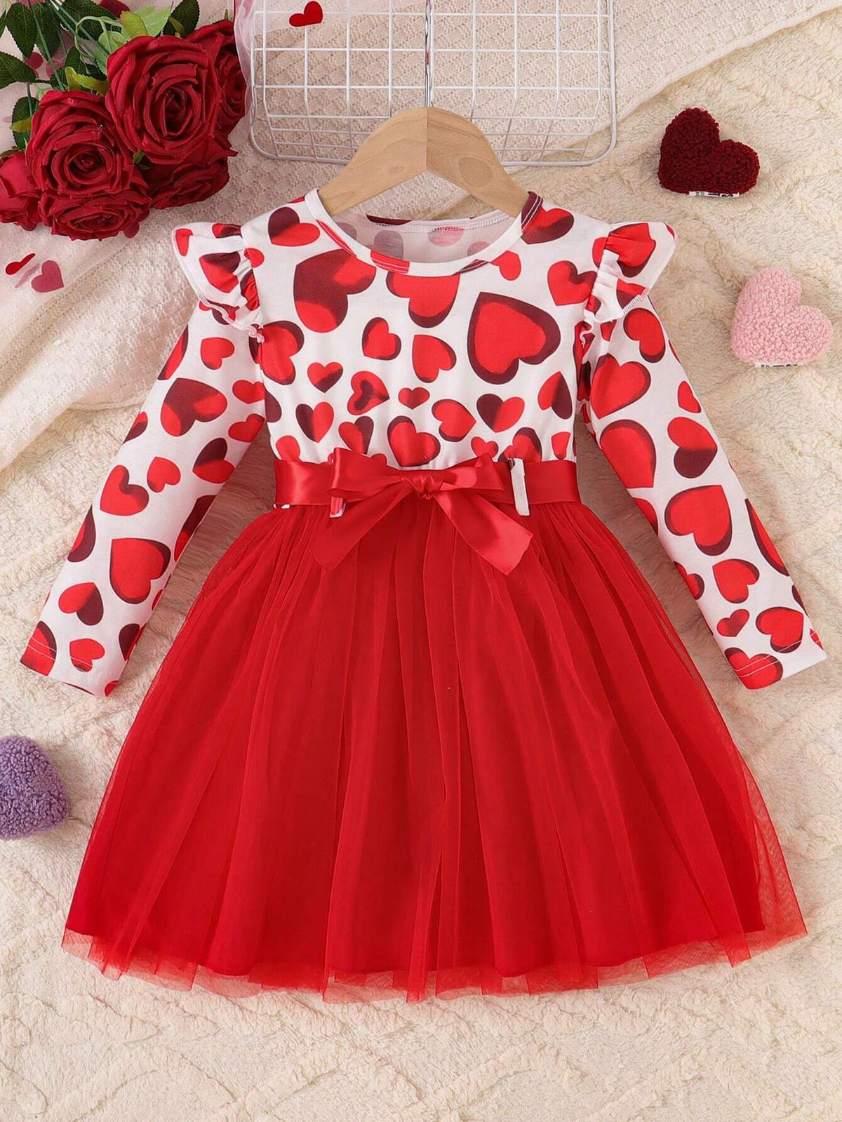 Young Girl's Heart & Flower Print Mesh Contrast Dress With Belt