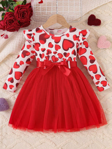 Young Girl's Heart & Flower Print Mesh Contrast Dress With Belt