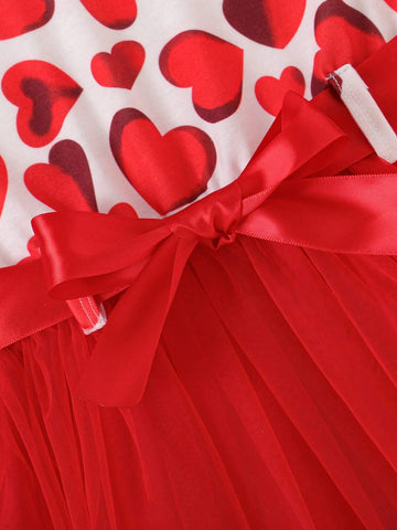 Young Girl's Heart & Flower Print Mesh Contrast Dress With Belt